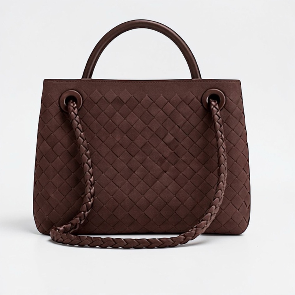 TU-LX Brown Woven “Verona” Satchel Vegan Suede Knot Top Handle Crossbody / NWT - Picture 4 of 7